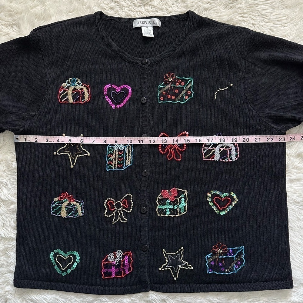 Vintage Arriviste Cardigan Holiday Ugly Christmas Sweater Beaded Black XL - Picture 8 of 13